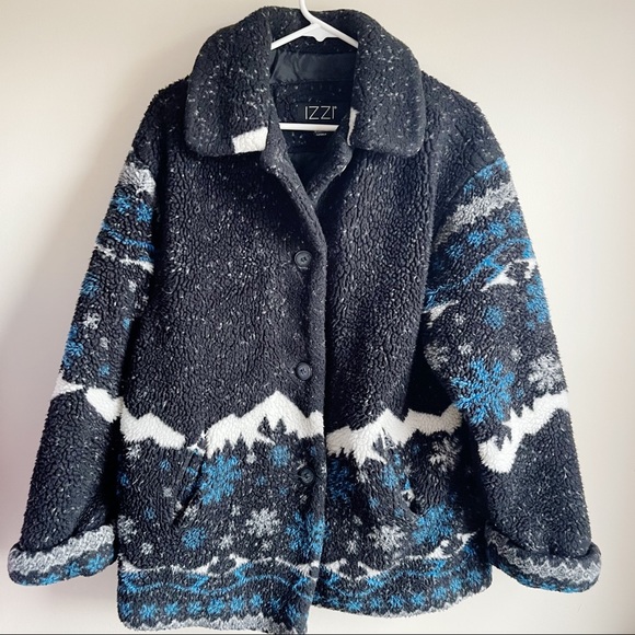 Vintage Jackets & Blazers - Vintage Izzi Fleece Mountain Print Cuffed Jacket
